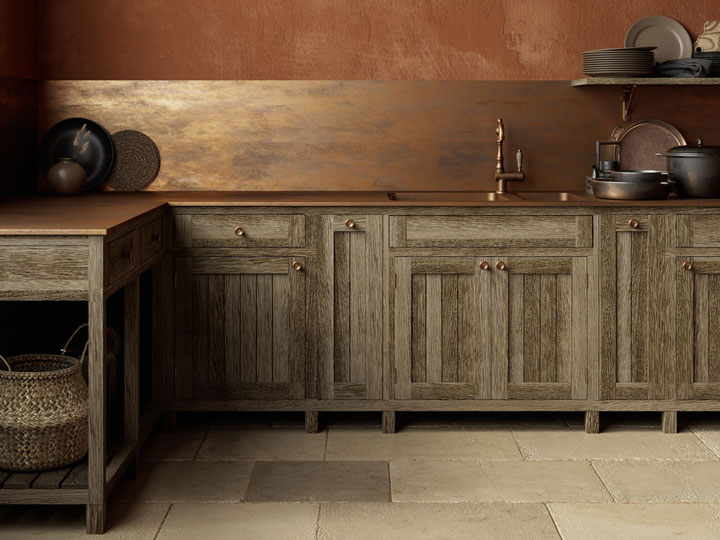 rustic wood cabinets with copper countertop and backsplash